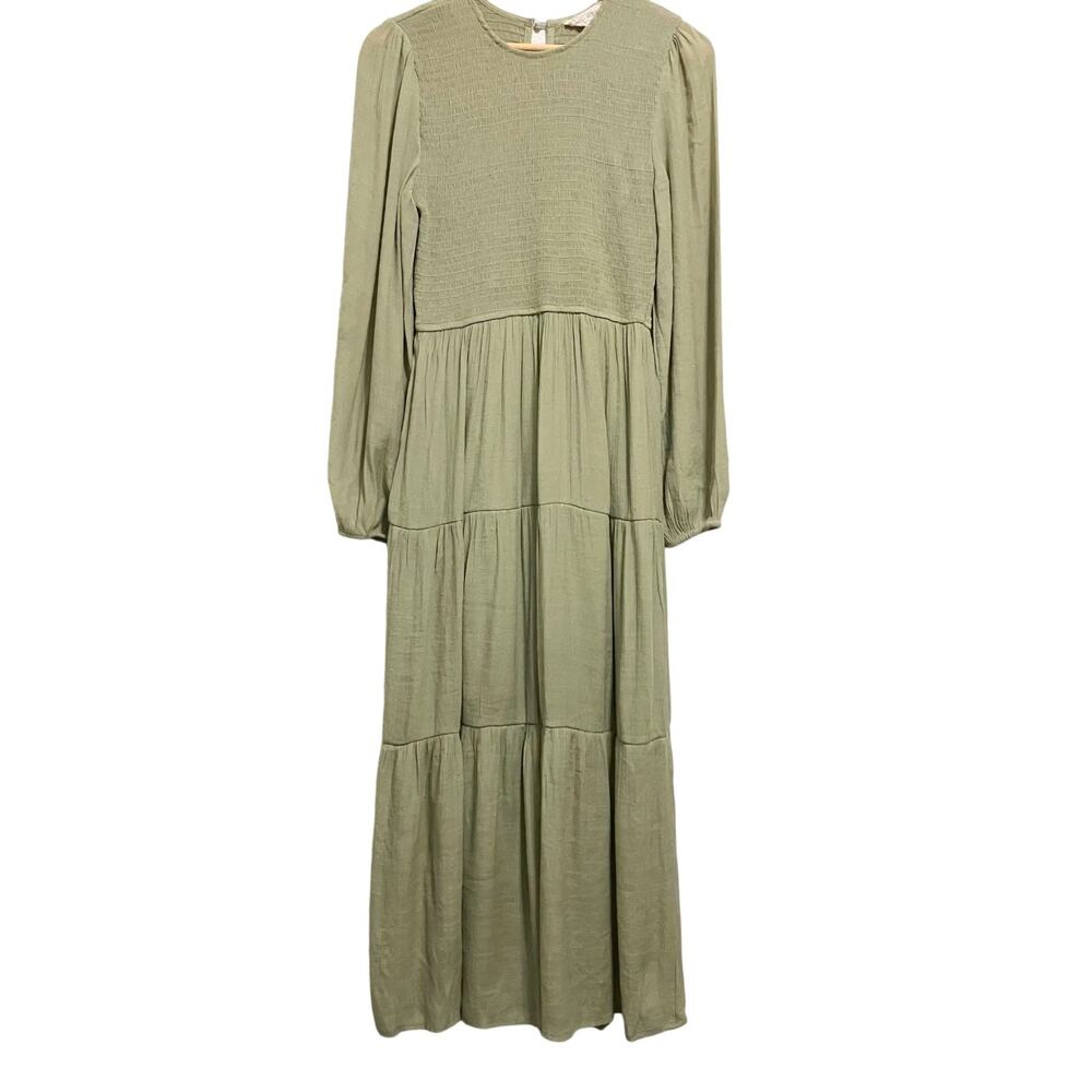 Sweet Wanderer Sage Green Smocked Tiered Maxi Dress Boho Cottage Prairie Sz L